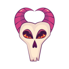 Horned esoteric skull goat with glowing eyes isolated. Mystical skull fire eye in cartoon style, celestial astrology. Vector illustration