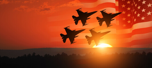 Group of aircraft fighter jet airplane. USA flag. Air force day. 3d illustration