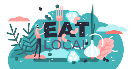Eat local illustration, transparent background. Flat tiny encouragement sign persons concept. Fresh, healthy, tasty and organic seasonal food without exporting.