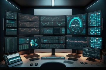 Room with many screens as a trading setup with charts on the screens. Generative AI.	 - obrazy, fototapety, plakaty