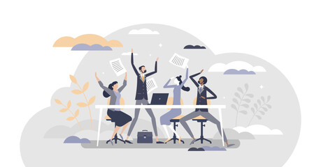 HR Happy employees as cheerful friday mood in work office tiny person concept, transparent background. Successful business project, deal or profit with celebration joy illustration.