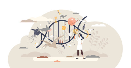 DNA science and evolution research as genetic data study tiny person concept, transparent background. Historical life development and progress examination.