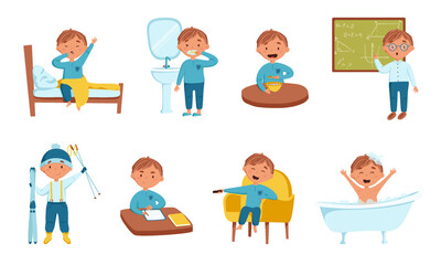 Set of daily cute blond boy vector illustration. Daily routine. Schedule. Isolated on a white background