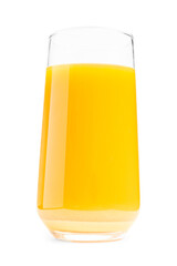 orange juice in a transparent glass on a white background