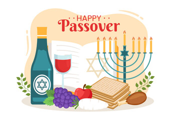 Happy Passover Illustration with Wine, Matzah and Pesach Jewish Holiday for Web Banner or Landing Page in Flat Cartoon Hand Drawn Templates