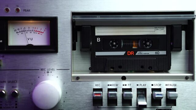 Vintage Deck Player With VU Meter and Rolling Audio Cassette Tape, Close Up