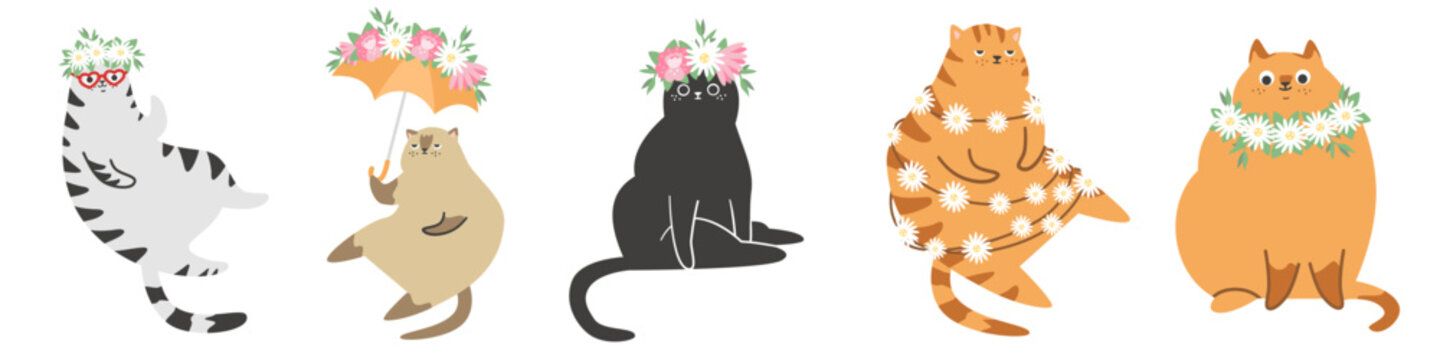 Vector collection of funny stickers. Cute cats in spring wreaths with flowers. 