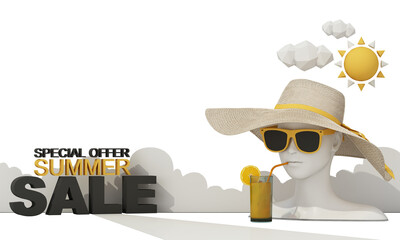 summer vacation concept with sunglasses and suitcase with clouds in the background along abstract women face model, fashion clothes, swimwear with copy space banner product stand display. 3d rendering