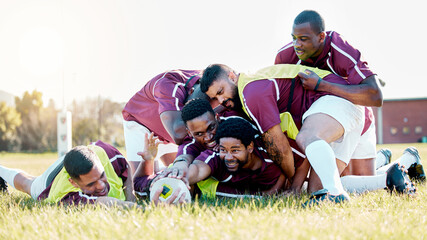 Sport, team and rugby by men in training, tackle and workout match at sports field outdoors. Diversity, man and group with ball for game, challenge or performance, competitive and physical fitness