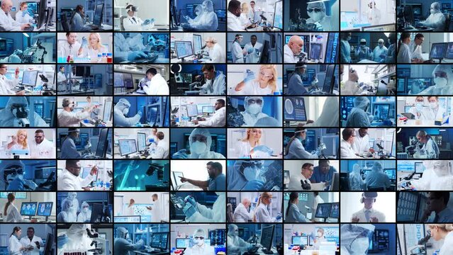 Science, research and laboratory work concept. Diverse people work in modern science labs. Doctors, professors and lab assistants conduct medical, nanotechnological and microelectronic research.
