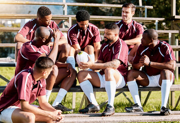 Sports, fitness and rugby team with ball ready for exercise, training and workout for field...