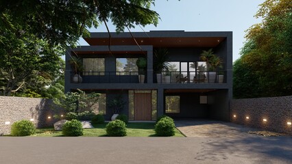 Luxurious modern house in dark colors with a convenient driveway and a garage, 3d render.