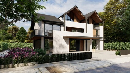 Modern townhouse with parking, 3d render.