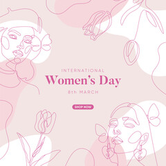 International Women's Day banner design. Minimal boho and line art composition. Vector illustration. - obrazy, fototapety, plakaty