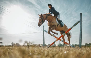 Foto op Plexiglas Training, jump and woman on a horse for a course, event or show on a field in Norway. Equestrian, jumping and girl doing a horseback riding obstacle during a jockey race, hobby or sport in nature © Kirsten D/peopleimages.com