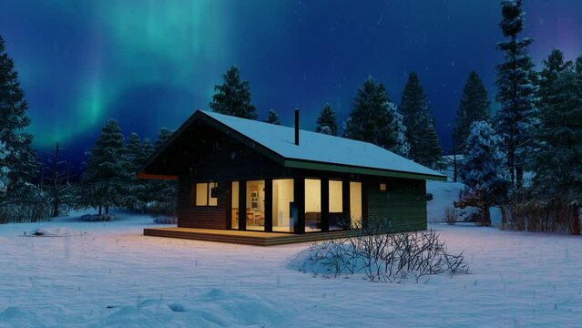 House in the forest in a snowy forest with a view of the Northern lights in the night sky. 3D animation.
