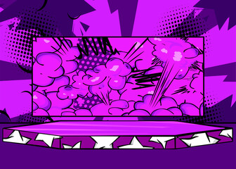 Comic Book Hexagonal Purple Product podium for mockup presentation. Cartoon Graphic Stage Presentation. Vector Showcase Illustration.