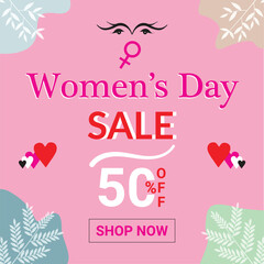 Happy women's day sale banner design with woman face vector image. 50% discount offer social media template. Women's day sale 8 march vector design
