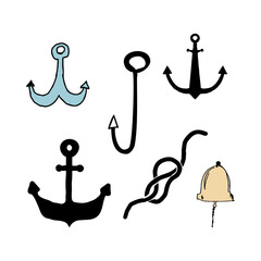 Marine coloring doodle with different nautical elements, node of rope and anchors illustration. 