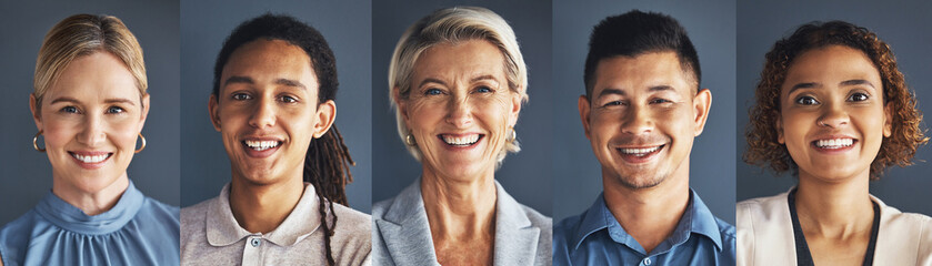 Collage, portrait and face with business people and smile, professional group and headshot on studio background. Success, happy and diversity in corporate team, community and trust with collaboration - obrazy, fototapety, plakaty