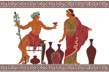 Drawing in the ancient Greek style. Mythological plot, Dionysus the god of winemaking holds out a glass of wine to Ariadne. - obrazy, fototapety, plakaty