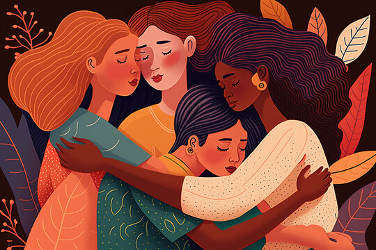 International Women Embrace Themselves and Each Other, Women's Rights Day, International Women's Day, March 8, Embrace Equity, The Concept of Feminism. Generative AI.