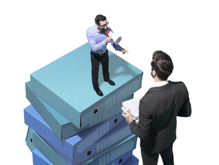 Tiny boss shouting at his employee with a megaphone