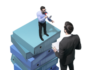 Tiny boss shouting at his employee with a megaphone