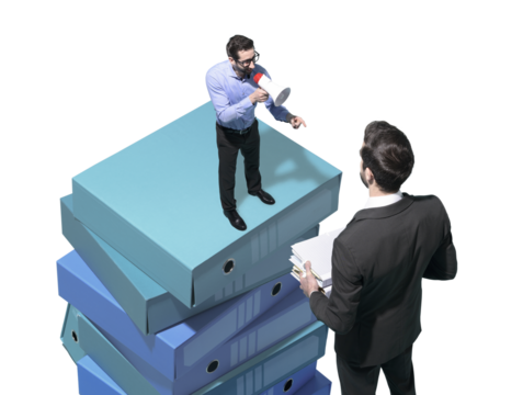 Tiny boss shouting at his employee with a megaphone