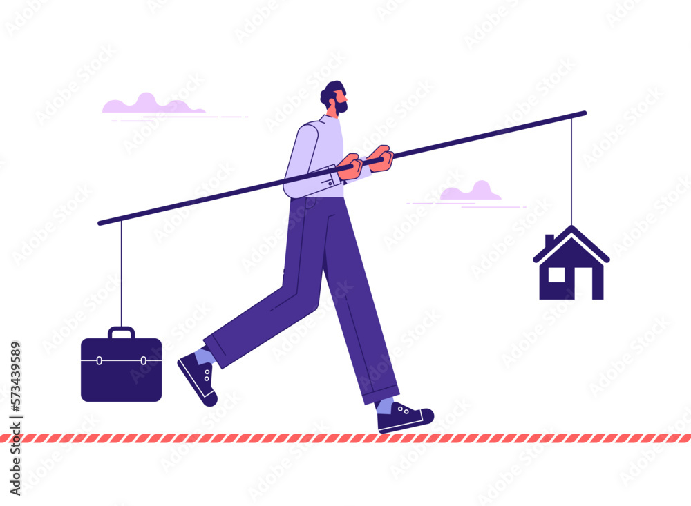 Wall mural Man walking on a tightrope with work and life balance. Balancing work and life concept vector illustration