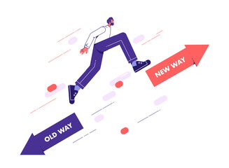 Businessman jump from old way arrow to growing up new way arrow, chooses to move forward to the new way, concept for adapting to change, improvement and development for the self or the business