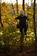 Little boy having fun on a swing on the playground in public park on autumn day. Happy child enjoy swinging. Active outdoors leisure for child in city