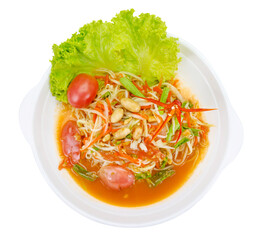 Green papaya mix carrots salad or Som Tum, spicy thai food isolated