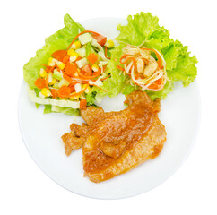 Grilled steak meat with vegetable salad isolated