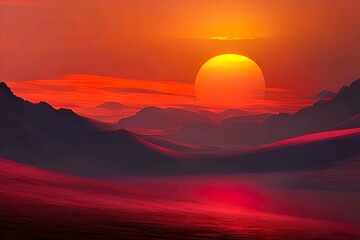 retro sunset landscape art with mountains and clouds in red yellow colors. generative ai