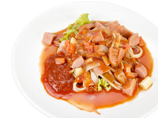 Spaghetti pasta with sausage isolated