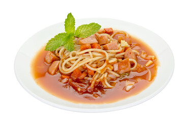Spaghetti pasta with sausage isolated