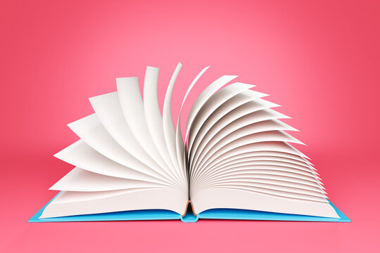 3D rendering of opened book with blank pages in blue studio