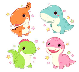 Set of cute dino in kawaii style. Collection of smiling cartoon dinosaurios - tyrannosaurus, saurolophus, diplodocus, velociraptor. Vector illustration EPS 8