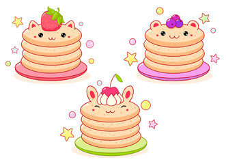 Breakfast time. Set of cute food icons in kawaii style for sweet design. Pancakes with fresh berries.  Stack of animal-shaped pancakes - bunny, cat, bear. Vector illustration EPS8  