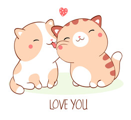 Square Valentine card with two sleeping fat kitty kawaii style. Greeting card with two cute little cats and inscription Love you