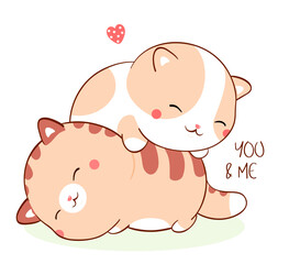 Square Valentine card with two sleeping fat kitty kawaii style. Greeting card with two cute little cats and inscription You and me