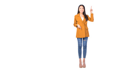 Full length portrait of a young female pretty asian woman positive pointing fingers away while standing white background	
 - obrazy, fototapety, plakaty