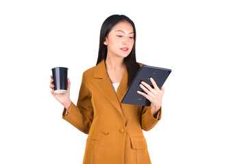 Smiling young woman holding a coffee cup and a tablet, isolated on a white background, perfect for business, technology, and lifestyle-themed projects.