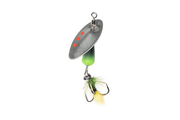 Metal fishing lure isolated on white background. Spinner lure isolated..