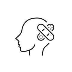 Person head with bandaid over brain. Mental health awareness and psychotherapy. Pixel perfect, editable stroke line icon