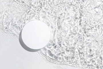 White round podium on the water surface background. Flat lay, copy space.	