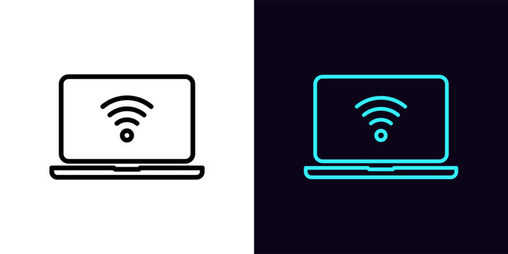 Outline laptop icon, with editable stroke. Laptop screen frame with wifi sign, internet connection pictogram. Wifi signal and hotspot, wireless internet access, free wifi