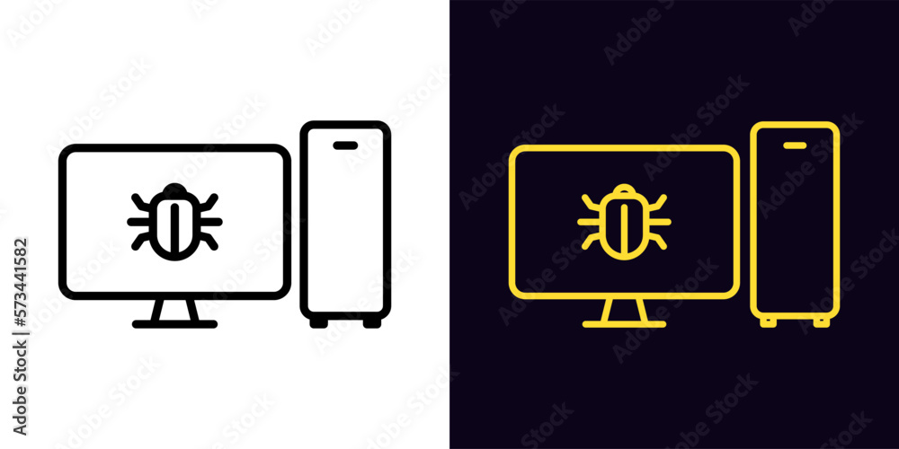 Poster outline pc malware icon, with editable stroke. system unit and monitor screen frame with bug sign, c