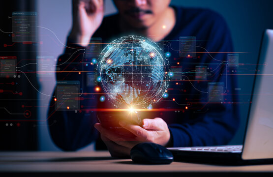Businessman touching histogram the virtual earth global network connection and interface activated, globalization innovation technology and global business concept.